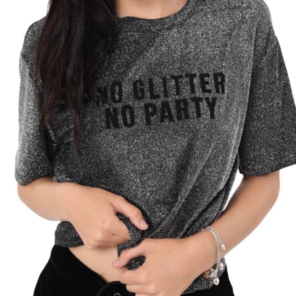 Zara silver and black Glitter Graphic Tee ‘No Glitter no party’ size Medium